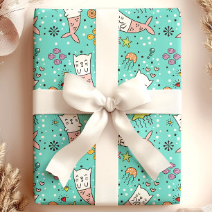 Papel De Presente Gata Sereia Padrão Fofo de Água Marinha