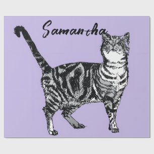 Papel De Presente Gata Tabby Preto e Branco Nome Roxo