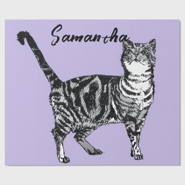 Papel De Presente Gata Tabby Preto e Branco Nome Roxo  (Aberto)