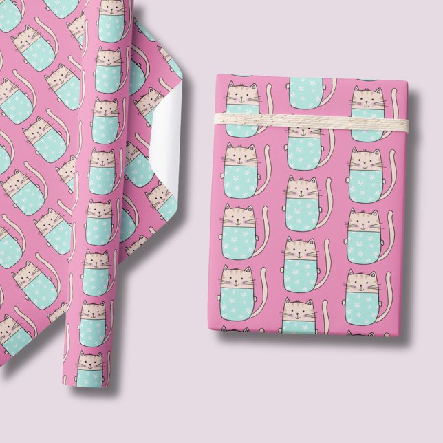 Papel De Presente Gatinhas bonitas rosa (Floral cute kitty cat pink wrapping paper rolls.  Matching items available.)