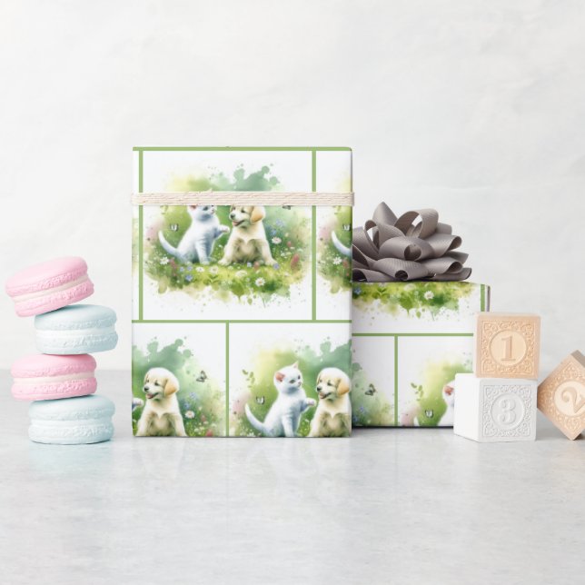 Papel De Presente Gatinho Aquarela e Pupppy (Chá de bebê)