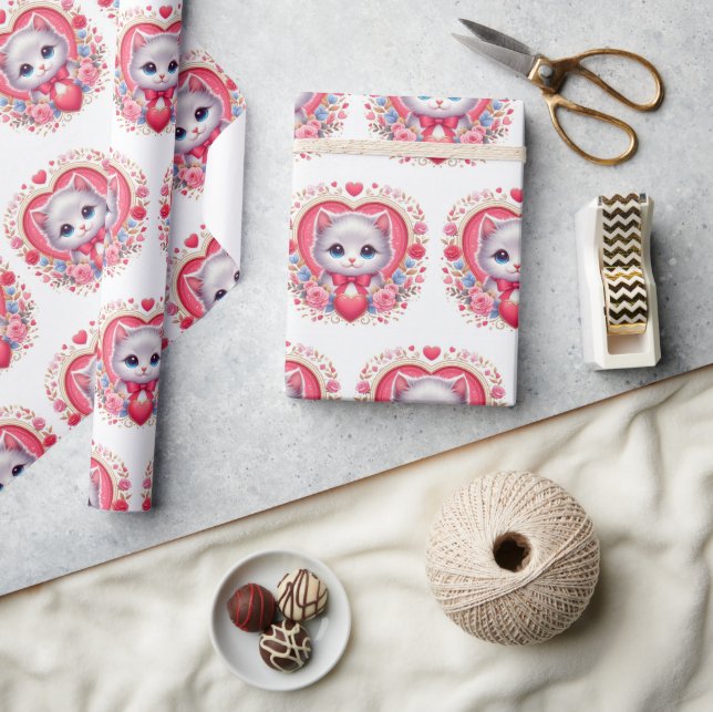 Papel De Presente Gatinho com Arco Vermelho com Corações Românticos  (Artesanato)