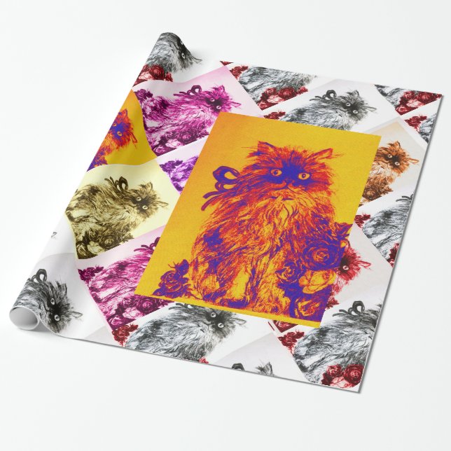 Papel De Presente GATINHO COM ROSAS VERMELHAS,Laranja Amarelo,Azul (Desenrolado)