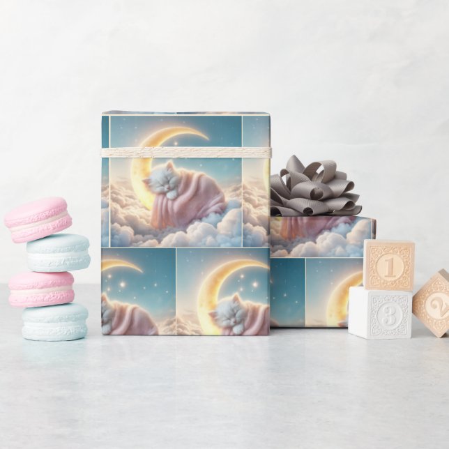 Papel De Presente Gatinho Dormindo em Lua Crescente (Chá de bebê)