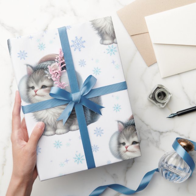 Papel De Presente Gatinho Fofo de Inverno com Protetores de Ouvido (Presentear)
