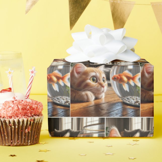 Papel De Presente Gatinho Laranja Observando um Peixe Dourado (Festa de aniversário)