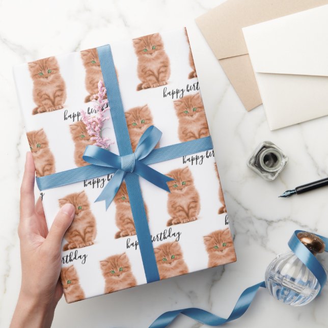Papel De Presente Gatinho Tabby de Aniversário no Branco (Presentear)