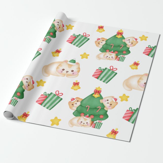 Papel De Presente Gatinhos bonitos na árvore de Natal (Desenrolado)