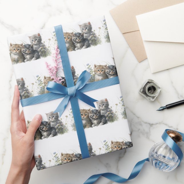 Papel De Presente Gatinhos De Aquarelas Em Flores Selvagens (Presentear)