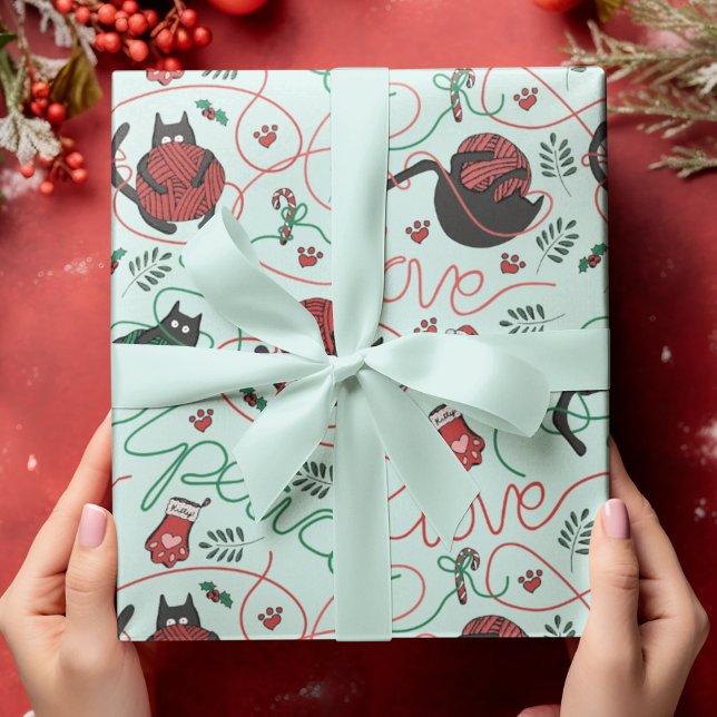 Papel De Presente Gatinhos de Feira de Natal e Amor (Cute light mint Christmas wrapping paper for Kitty Lovers. Kittens spell out PEACE and LOVE.)