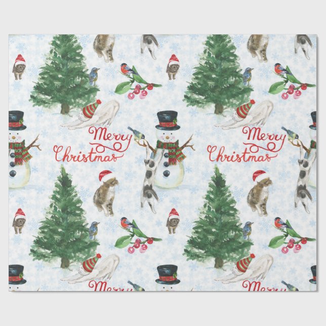 Papel De Presente Gatinhos de Natal e Bonecos de Neve (Aberto)