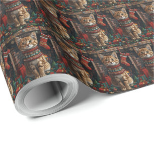Papel De Presente Gato Abissínio com Presentes de Natal Lareira