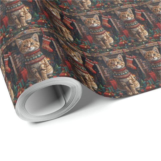 Papel De Presente Gato Abissínio com Presentes de Natal Lareira (Ponta do rolo)