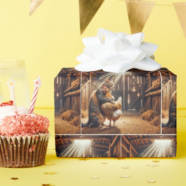 Papel De Presente Gato abraçando um frango Fazenda (Festa de aniversário)