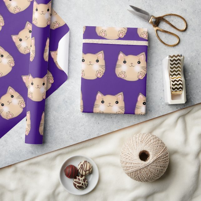 Papel De Presente Gato amarelo sobre roxo real (Artesanato)