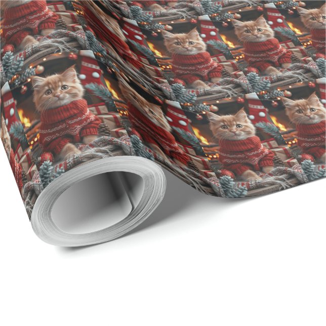 Papel De Presente Gato Angorá Turco Com Presentes De Natal Lareira  (Ponta do rolo)
