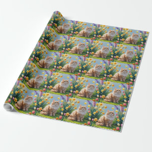 Papel De Presente Gato Angora Turco Pintura de Flores de Primavera