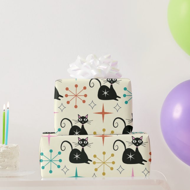 Papel De Presente Gato Atômico Negro de meio século com Starbursts (Presentes para festas)