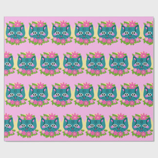 Papel De Presente Gato Azul com Flores Rosa