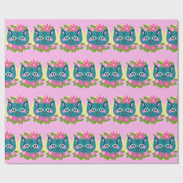 Papel De Presente Gato Azul com Flores Rosa (Aberto)