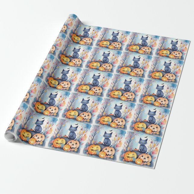 Papel De Presente Gato Azul Oriental do Halloween com Abóboras Assus (Desenrolado)
