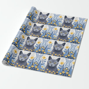 Papel De Presente Gato Azul Russo Flores Amarelas