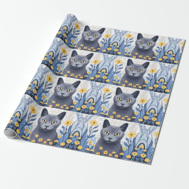 Papel De Presente Gato Azul Russo Flores Amarelas (Desenrolado)