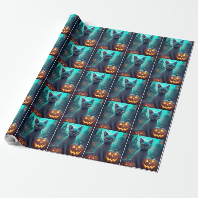 Papel De Presente Gato Azul Russo Halloween Com Pumpkins Assustado (Desenrolado)