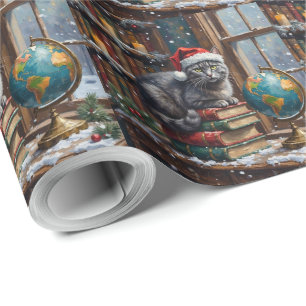 Papel De Presente Gato Azul Russo Natal Biblioteca Cantinho de Leitu