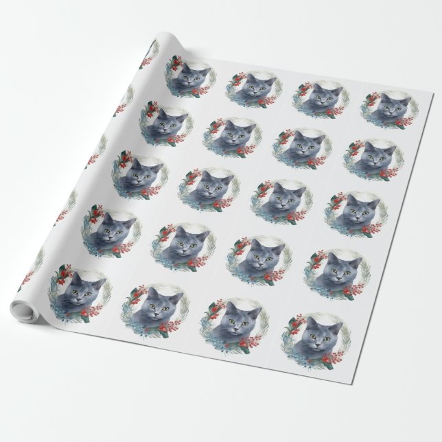 Papel De Presente Gato Azul Russo no Aro de Natal Kit de Gatinhos Fe (Desenrolado)