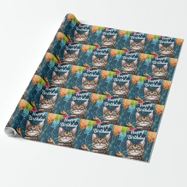 Papel De Presente Gato Bengal com Balões (Desenrolado)