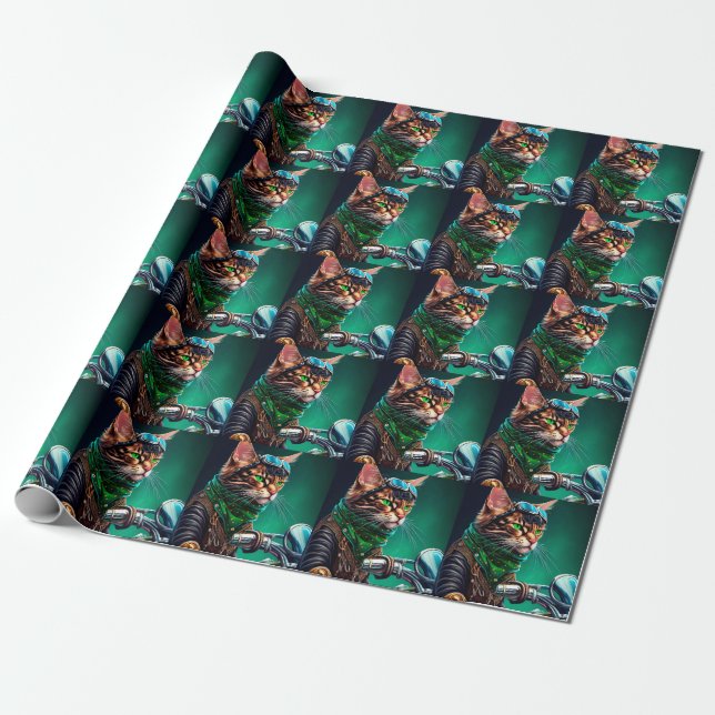 Papel De Presente Gato Bengal dirigindo bicicleta no Dia de São Patr (Desenrolado)
