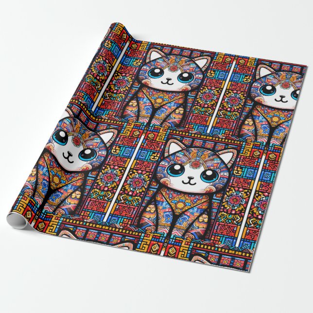 Papel De Presente Gato Bonito com Charme de Padrão Tradicional (Desenrolado)