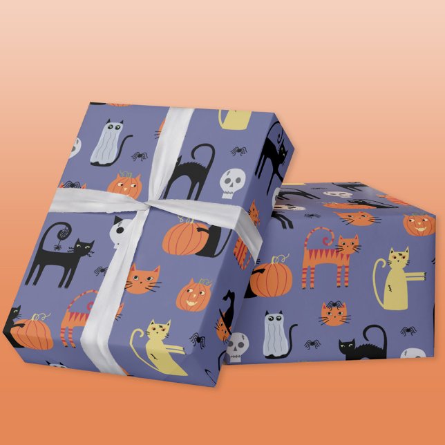 Papel De Presente Gato Bonito de Halloween Roxo Louco (Halloween cat purple wrapping paper roll)