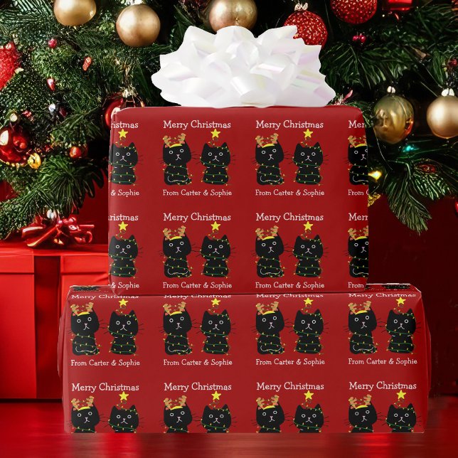 Papel De Presente Gato Bonito, Luzes de Natal Personalizadas Vermelh (Criador carregado)