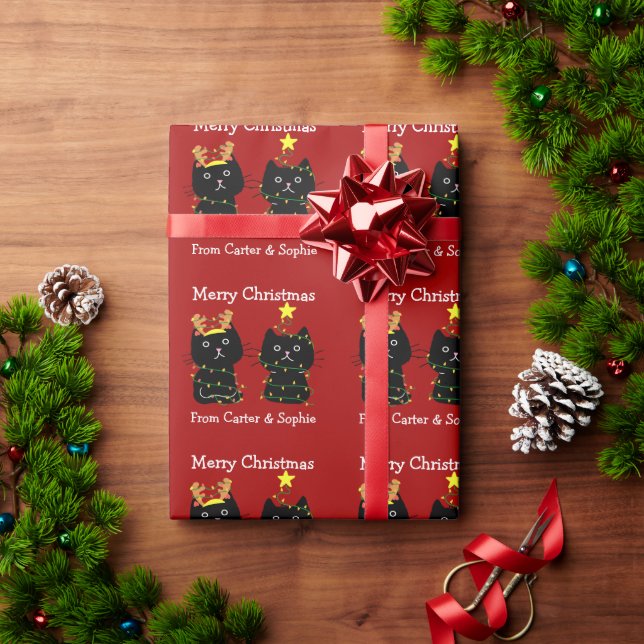 Papel De Presente Gato Bonito, Luzes de Natal Personalizadas Vermelh (Presente de Natal)