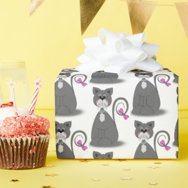 Papel De Presente gato cinza com laço rosa (Festa de aniversário)