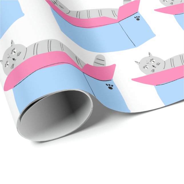 Papel De Presente Gato Cinza na Caixa (Ponta do rolo)