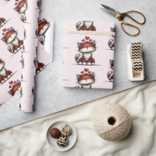 Papel De Presente Gato com Corações de Amor Vermelhos Padrão Fofo e 