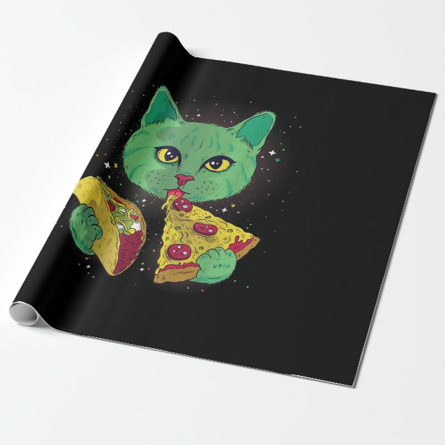 Papel De Presente Gato Com Pizza Slice E Taco No Espaço (Desenrolado)