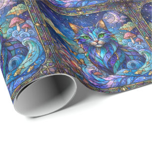 Papel De Presente Gato Cósmico Vidro Pintado Surreal Olhos Azuis Ver