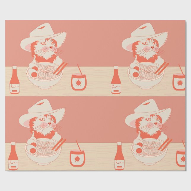 Papel De Presente Gato Cowboy comendo Ramen (Aberto)