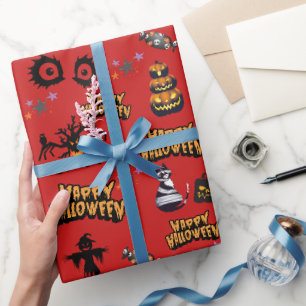 Papel De Presente Gato de Abóbora Vermelho Olhos Assustados do Hallo
