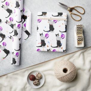 Papel De Presente Gato de Aniversário com Balão e Confetti