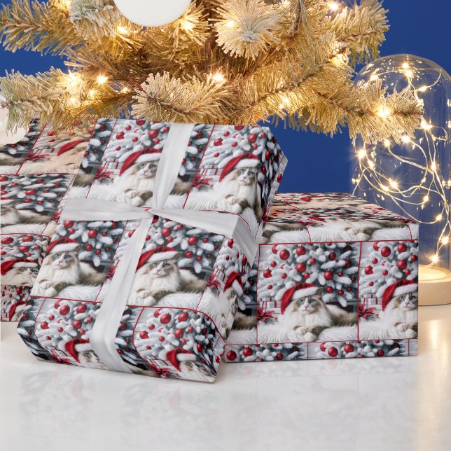 Papel De Presente Gato de Aragdolas de Natal em um Chapéu Santa (Feriados)