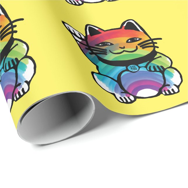 Papel De Presente Gato de Boa Sorte Japonês com Arco-Íris (Ponta do rolo)