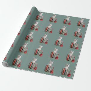 Papel De Presente Gato de café, caneca de café, flor verde, modern