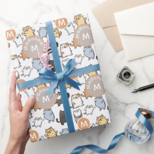Papel De Presente Gato de Desenho Animado Fofo e Gorducho Padrão Sem