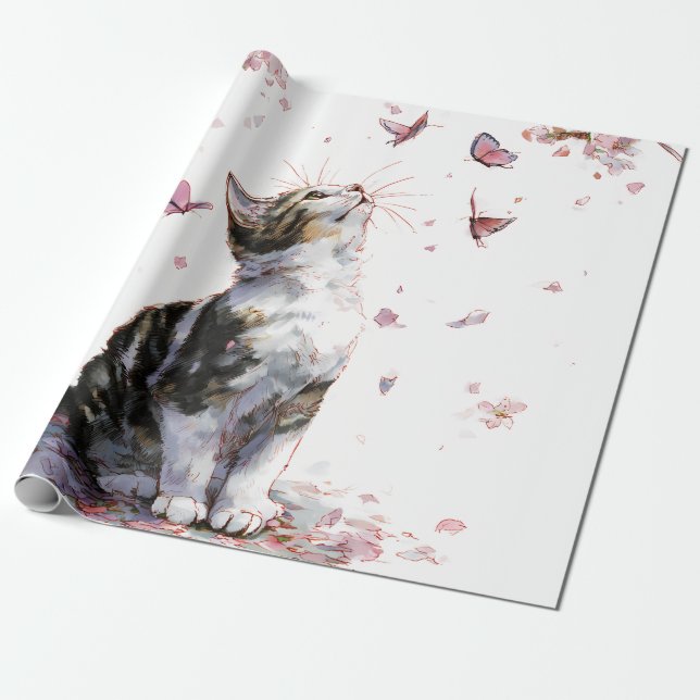 Papel De Presente Gato de Flor de Cerejeira e Borboletas (10) (Desenrolado)