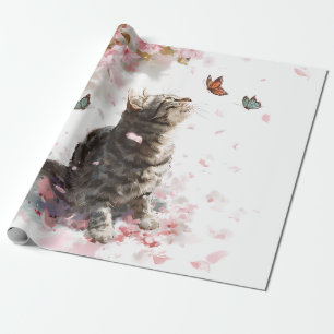 Papel De Presente Gato de Flor de Cerejeira e Borboletas (11)